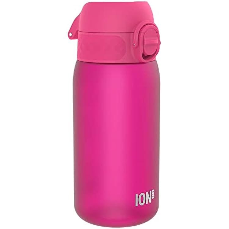 Ion8 Small Water Bottle, 350 ml12 oz, Leak Proof, Easy to Open, Secure Lock, Dishwasher Safe, BPA Free, Carry Handle, Hygienic Flip Cover, Easy Clean, Odor Free, Carbon Neutral, Hot Pink