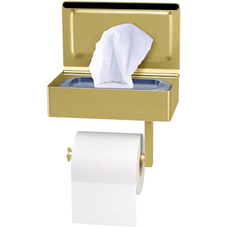 Brushed Gold Toilet Paper Holder Wall Mounted with Shelf & Wipes Storage Stainless Steel SUS304 Modern Toilet Tissue Roll Holder for Bathroom, Kitchen Adhesive and Screw Installation