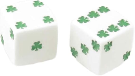 White Lucky Dice with Green Clovers D6 25mm (1in) Pack of 2 Dice Koplow Games