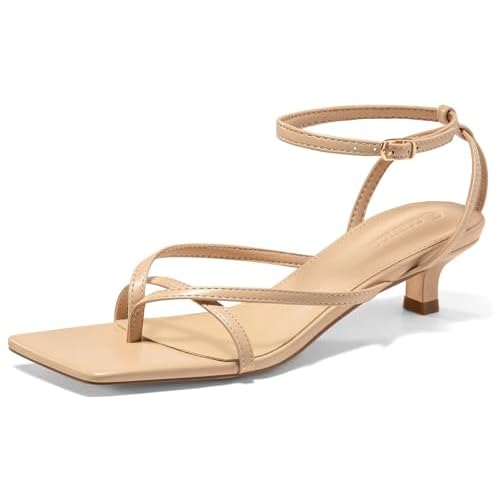 Coutgo Womens Strappy Low Kitten Heels Sandals Open Square Toe Flip Flop Summer Dress Party Shoes
