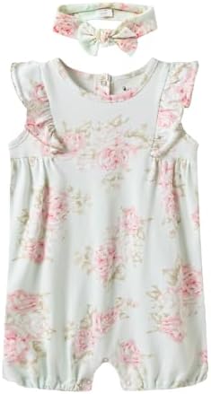 Baby Girl Romper 100% Cotton Breathable Soft with Headband, Sleeveless Summer Outfits for Newborn Infant 0-24 Months