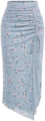 Verdusa Womens Floral High Waist Side Slit Maxi Skirt Mesh Drawstring Bodycon Ruffle Hem Long Skirt