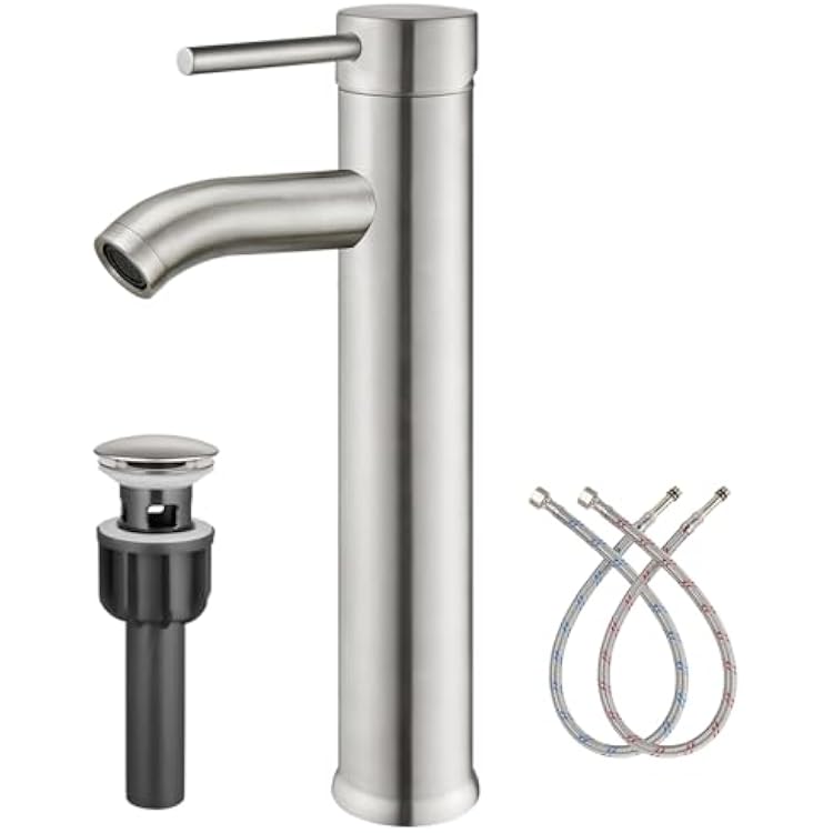 Heyalan Tall Bathroom Faucet,Brushed Nickel Bathroom Bowl Sink Faucet Vessel Sink Deck Mount SUS304 Stainless Steel Bowl Basin One Hole Single Handle Tall Spout Mixer Tap with Pop Up Drain