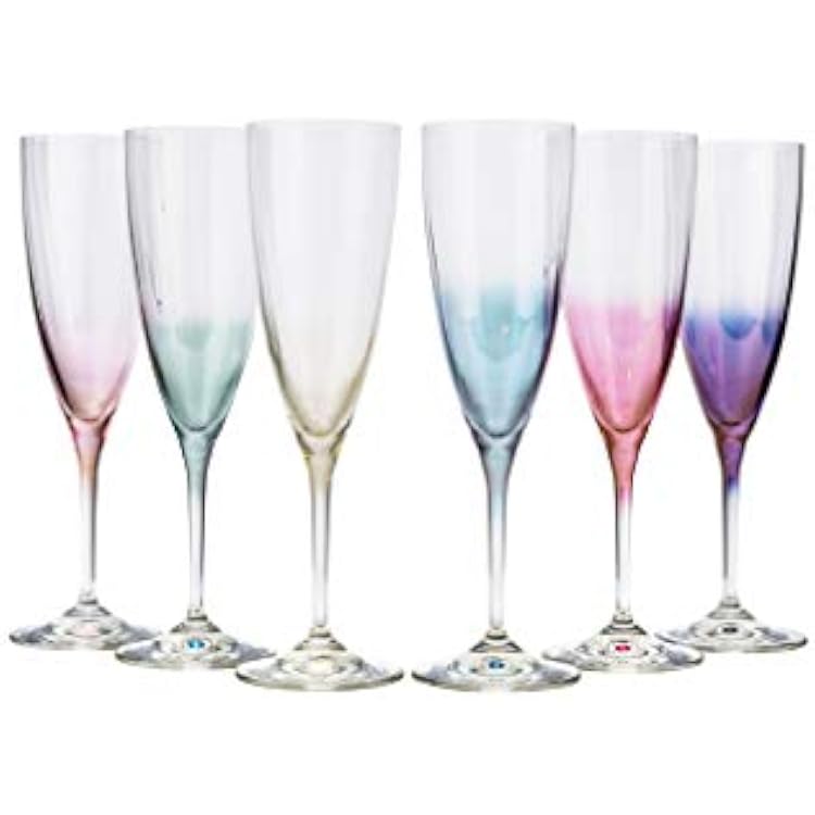 Crystalex Bohemia Champagne Flutes Set of 6 | 7 oz Kate Optic Multi-Colored Glassware | Premium Lead-Free Bohemian Crystal | Elegant Sparkling Wine & Mimosa Glasses | Handcrafted Unique Gift Box Set