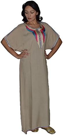 Moroccan Caftans Handmade Cotton Blend Hand Embroidery Breathable Soft Beige Fits Small to Large