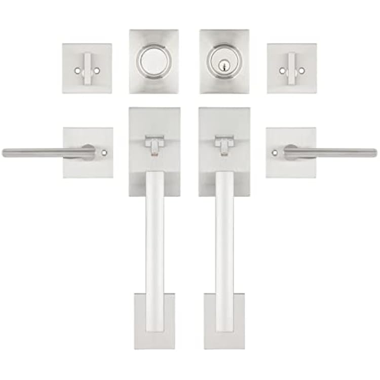 Double Door Handle Sets with Single Cylinder Deadbolt, Rectangular Adjustable Entry Door Lock Sets with Dummy Arch Lever, Brushed Nickel