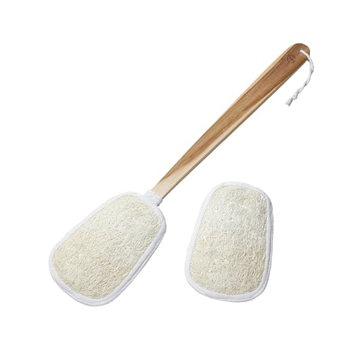 FAAY 17 Inch Natural Exfoliating Loofah Back Scrubber On a Stick with Luffa Sponge Pads Refills Long Handle Loofa Body Bath & Shower Brush for Men & Women
