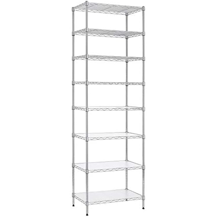 Finnhomy 8-Tier Wire Shelving Unit Adjustable Steel Wire Rack Shelving 8 Shelves Steel Storage Rack or Two 4-Tier Shelving Units with PE mat, Leveling Feet and Safety Device, NSF Certified, Chrome