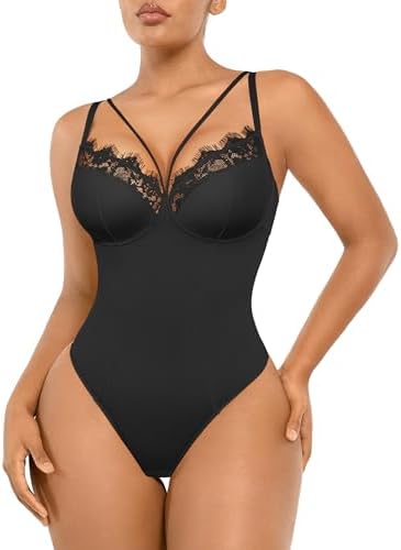 SHAPELLX Lace Bodysuit Shapewear for Women Tummy Control Body Suits Waist Sculpting V Neck Thong Corset Going Out Tops