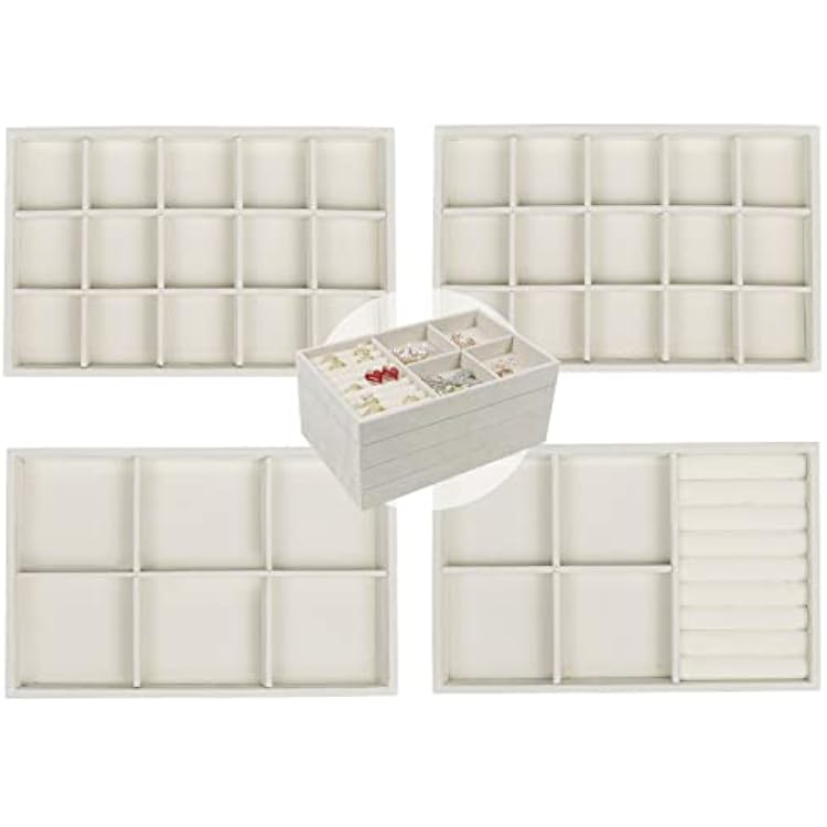 Set of 4 Stackable Jewelry Trays Organizer, Velvet Earring Organizer, Jewelry Organizer Showcase Display Drawer Organizer Storage, Earring Holder Necklace Bracelet Ring Accessary Organizers Beige