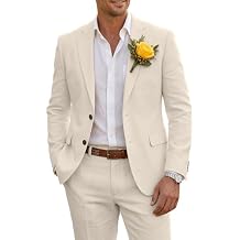 Wehilion Men's 2 Piece Linen Suit Slim Fit Lightweight Breathable Blazer Pants Set for Summer Beach Wedding Business Casual