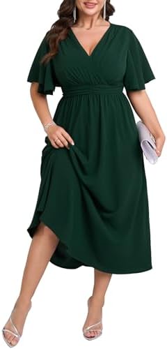 SHESTARR Womens Plus Size Wrap V Neck Dress Short Flutter Sleeve Pleated Empire Waist Ruffle A Line Maxi Long Dresses