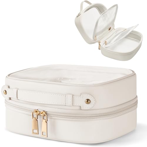 Clear Cosmetic Bag Double Layer Travel Toiletry Bag Clear Makeup Bag Case with 4 Compartments, Transparent Travel Bag for Toiletries, Large Toiletry Bag for Women Cosmetic Case White, Small