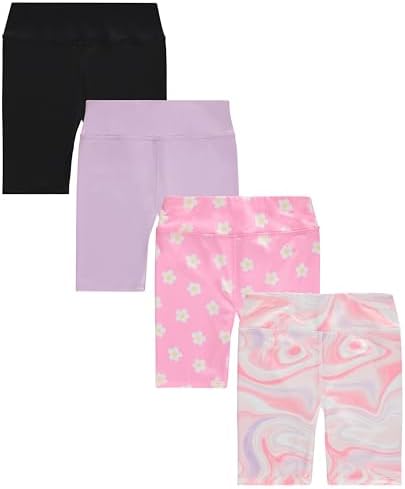 BTween Girls 4 Pack Bike Shorts Stretchy, Soft High Waist Athletic Shorts for Kids with Fun Prints Colors