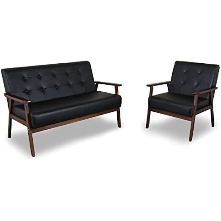 AODAILIHB 2 Piece Living Room Furniture Set, Black Faux Leather Loveseat and Accent Chair, Mid Century Modern Sofa and Chair Set with Solid Wood Arms for Office, Reception & Apartment