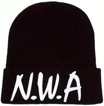 Black Beanie Hat with Embroidered NWA Letters, Unisex Hip-Hop Style Winter Cap
