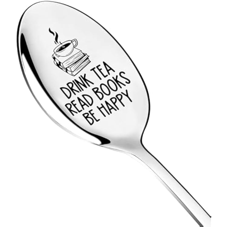 Drink Tea Read Books Be happy Spoon,Long Handle Tea Coffee Stainless Steel Spoons for Tea Lover Friend Birthday Graduation Christmas Gifts for Readers Book Lover Gifts for Women Men