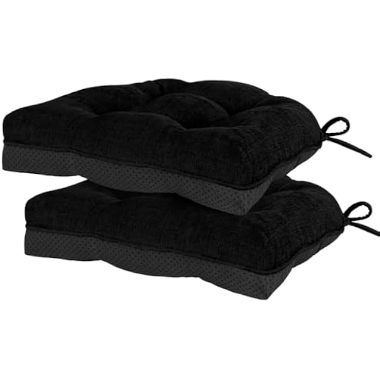 HARBOREST Chair Cushions for Dining Chairs Set of 2 - Chenille Tufted Kitchen Chair Cushions with Ties and Non-Slip Bottom, Foam Chair Pads for Dining Chairs, 17 x 17, Black