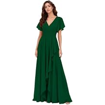 Womens Short Sleeves Bridesmaid Dresses Chiffon A-Line V-Neck Dress Formal Evening Wedding Guest Gowns for Women