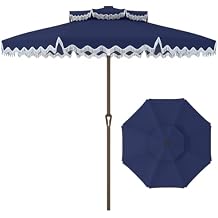 Patiokingdom 9FT Patio Umbrella with Fringe,Tassel Umbrella UPF 50& Push-Button Tilt,Rust-Resistant Fiberglass Frame for Pool,Garden,Backyard,Yard (Navy)