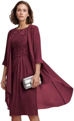 2 Piece Mother of Bride Dresses for Wedding Tea Length Chiffon Formal Party Dress with Long Sleeve A-line Prom Gowns US Size 10 Desert Rose