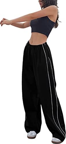 Womens Parachute Pants Cargo Trousers Elastic Waist Wide Leg Track Pants Y2k Clothing