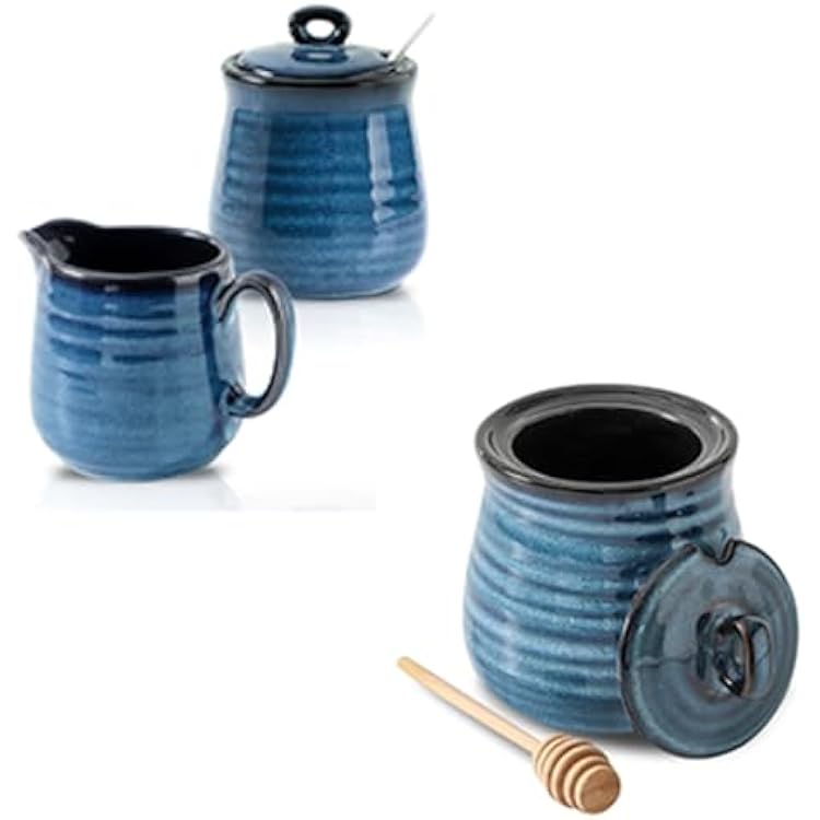 Ceramic Sugar and Creamer Container Set of 3 and 12 Ounce Honey Jar and Dipper Set-Blue Ceramic Bundle