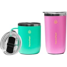 ThermoFlask Insulated Coffee Mugs, Set of 2, 15 and 474 oz, Black and Green, Non-Slip Base, Splash Proof Lid