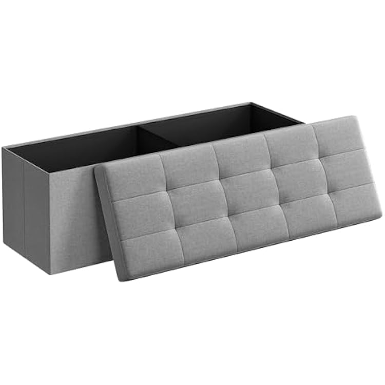 SONGMICS MAZIE Collection - 43 Inches Folding Storage Ottoman Bench, Ottoman Foot Rest, End of Bed Bench, Storage Chest, Load 660 lb, for Living Room, Bedroom, Entryway, Light Gray ULSF77G