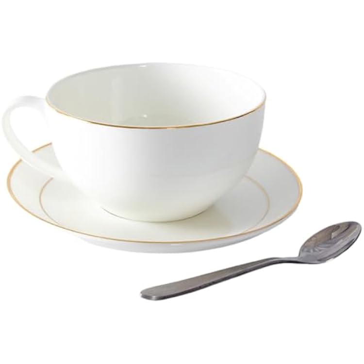 Luxury Bone China Teacup & Saucer Set with Spoon 11.8 oz, Set of 10 Gold Rim Fine Porcelain Cups for Tea, Coffee, Latte Art, Barista Use, Elegant Gift