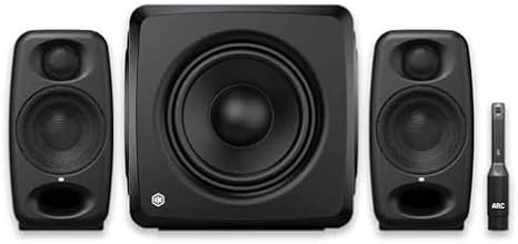 IK Multimedia iLoud Micro Monitor Pro Black Pair & iLoud Sub Bundle with ARC Calibration, 25Hz Bass Extension, Portable Reference Speaker System for Mixing, Production & DJ Setup