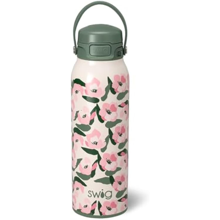 Swig Life 32oz Insulated Water Bottle, Travel Water Bottle with Straw and Lid, Cup Holder Friendly Bottles, Stainless Steel 32 oz Tumbler, Reusable Lid Sweet Pea