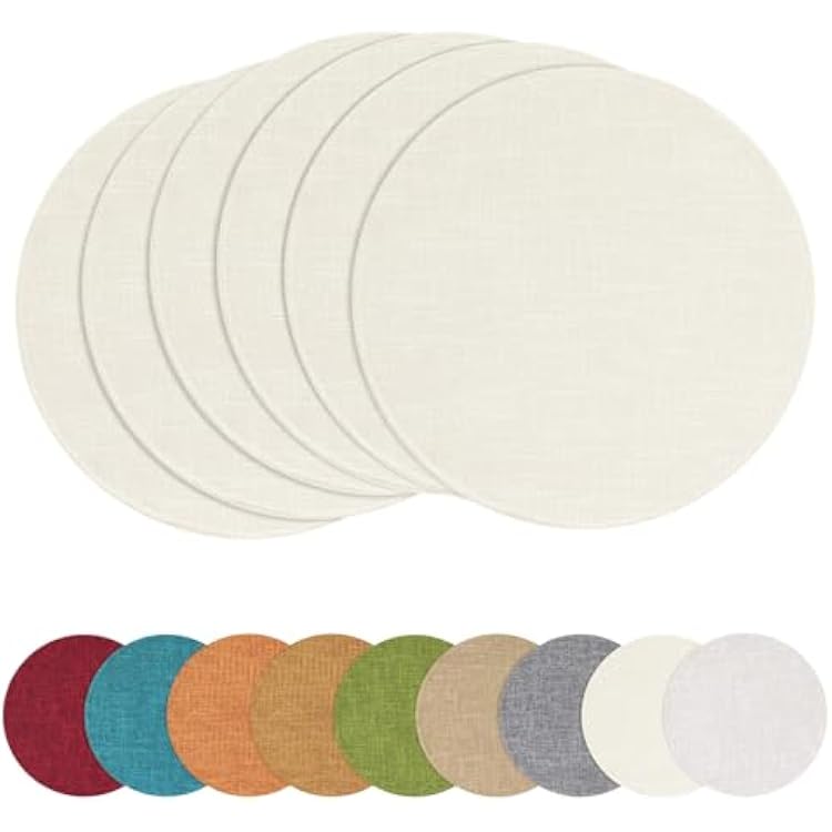 homing 15 Inch Round Cloth Placemats Set of 6, Cotton Linen Blend Washable Table Mats, Farmhouse Dining Place Mats for Indoors & Outdoors, Easy to Clean, Cream
