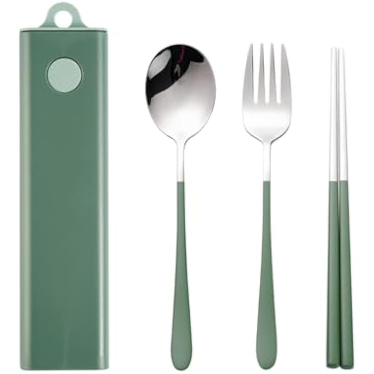 Muka Set of 3 Stainless steel Portable Flatware Set Chopsticks Utensils for TravelCampingWork-Green