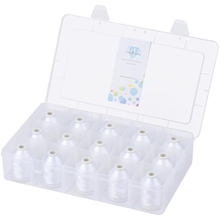 [Box-Upgraded] Simthread Machine Embroidery Thread 1000M White 001, with Storage Box Polyester 15 Spools Set for Embroidery Quilting Machine