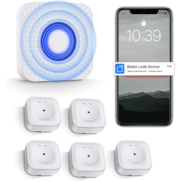 WiFi Water Leak Detectors for Home: 110dB Water Alarm Leak Detector with APP Real-time Notification | 5Pack Water Detector Alarm with Remote APP Control, 2.4G Water Alarms for Basements