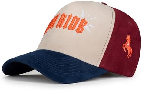 NOGORSHILPO Premium Suede Baseball Cap - Adjustable Tri-Color Trucker Hat for Men & Women, Embroidered Iron Ride Design, Stylish 5-Panel Curved Brim Sun Hat for Outdoors - Burgundy, Cream & Navy