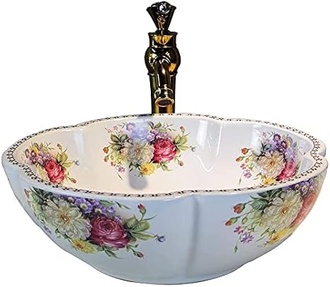 Porcelain Ceramic Bathroom Vanity White Vessel Sinks American Style Above Counter Round Bowl Countertop Sink Art Basin Peony Flower Without Faucet Jingdezhen