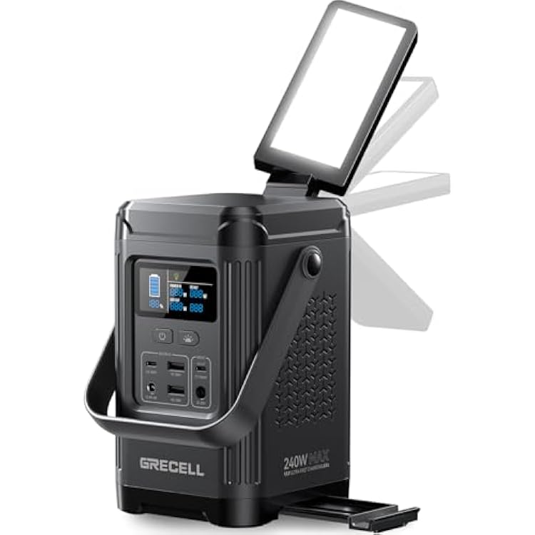 240W Portable Power Station 153.6WH Solar Generator, GRECELL LiFePO4 Battery Dual Way 100W PD, Portable Power Bank with Integrated Stand for Outdoors, Camping, Travel No Wall Charger Included