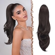 FESHFEN Drawstring Ponytail Extension, Natural Long Wavy Layered Synthetic Pony Tails Black Brown Hair Extensions Hairpieces for Women, 20 inch