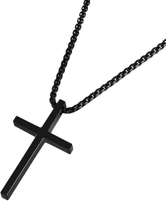 Men's Plain Silver Gold Black Cross Pendant 24" inches Box Chain Necklace