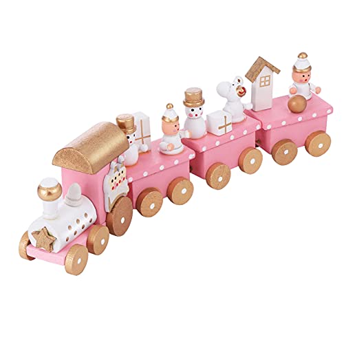 STOBOK Wooden Christmas Train Toy Mini Wooden Train Pink Train Toy with Snowman Christmas Train Ornament Xmas Table Adornment 4 Section Christmas Train Set Train Model for Kids