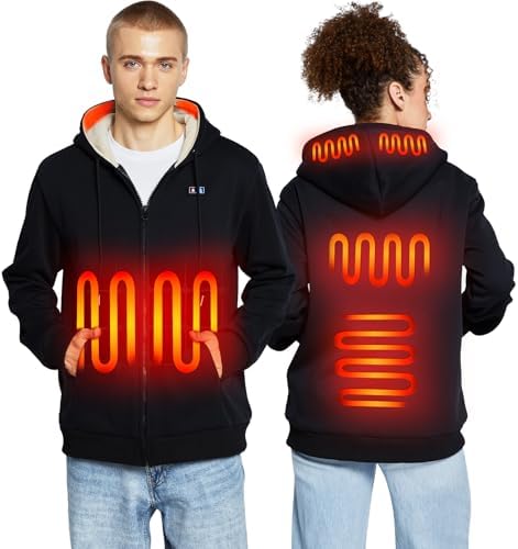 Loowoko Heated Hoodie with Battery,Electric Heated Zip-Up Sweatshirt Coat for Men Women Black,Upgraded 2025 model