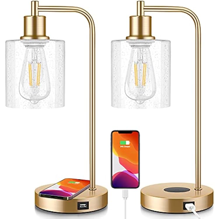 Set of 2 Wireless Charging Industrial Table Lamps Gold 3-Way Touch Control Dimmable Desk Lamp with USB Ports Bedside Lamp with Hanging Seeded Glass Shade for Office Bedroom Living Room, Bulbs Included