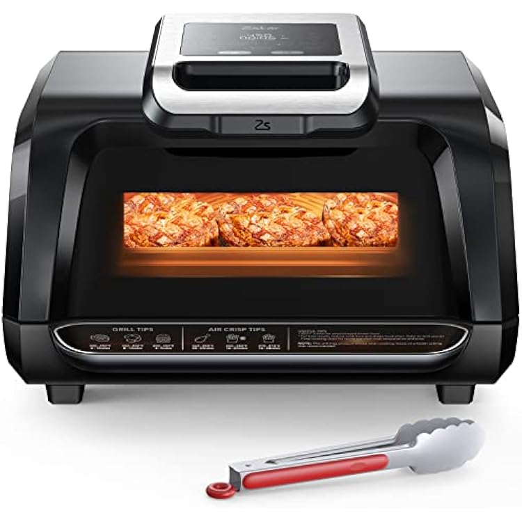 Indoor Grill Smokeless, Air Fryer Grill with Adjustable Temperature to 450F, Electric Grill with Easy View Window, Removable Nonstick Grate, Tongs, Fast and Even Heating, 4Qt for Family