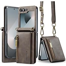 Compatible with Samsung Galaxy Z Flip 6 Phone Case, Upgraded Zipper Design, Leather Folding Wallet Phone Cases with Shoulder Strap,Leather Pocket Phone Cases (Coffee)