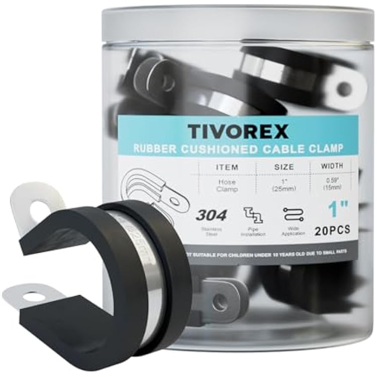 20PCS 1 Inch Cable Clamps, Tivorex 304 Stainless Steel Wire Clamp, Rubber Cushioned Insulated Hose Clamps for Tube, Pipe, Plumbing, Wire Cord Installation