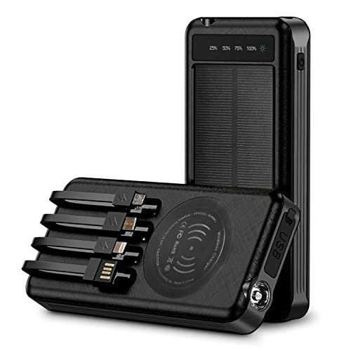 Solar Power Bank & Wireless Charging Portable 10000mAh Battery Pack with LED Flashlight, 4 Built-in USB Cables, Waterproof Outdoor Charger for Camping, Travel, Emergency Backup
