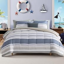 Twin XL Comforter Set Striped, Sea Blue Bedding Set 5 Pieces for Boys Girls Teen, All Season Bed in a Bag for Dorm with Sheets, Pillowcase & Sham