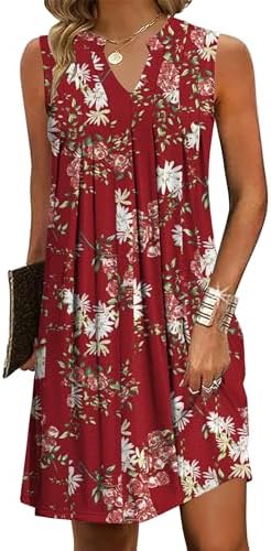 HOTOUCH Women Casual A-Line Dress with Pockets 2024 Sleeveless V Neck Pleated Sundress Loose T-Shirt Work Office Dresses